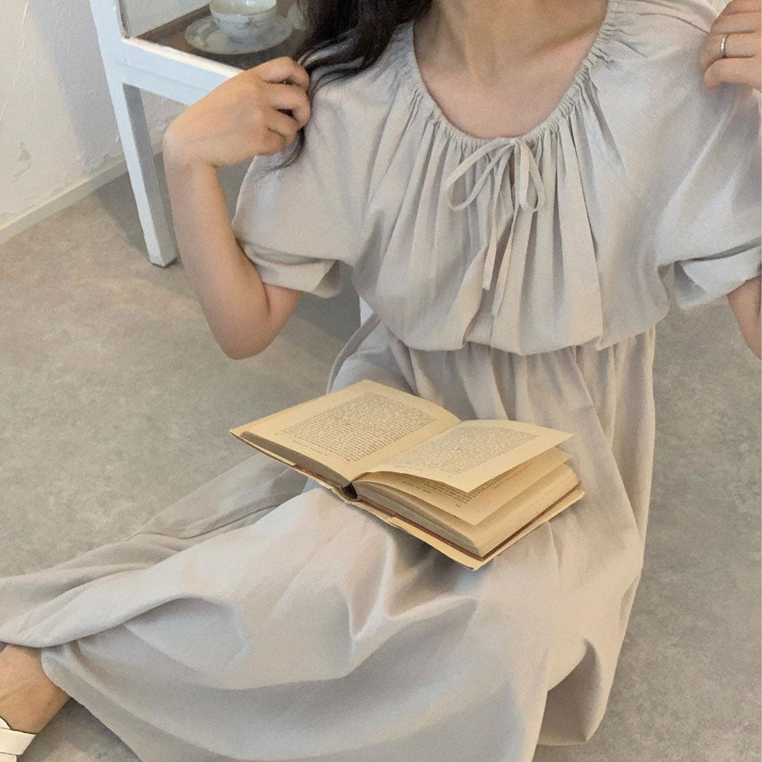 ラウアー LAUIR バルーンスリーブワンピース (ライトグレー) ライトグレー