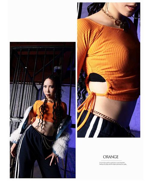 ボムシェル bombshell 半袖カットソー カットソー ニット Tシャツ オフショル サイドカット へそ出し お腹出し プチプラ 長袖 ストリートファッション Bbomb