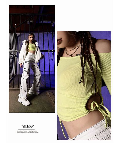 ボムシェル bombshell 半袖カットソー カットソー ニット Tシャツ オフショル サイドカット へそ出し お腹出し プチプラ 長袖 ストリートファッション Bbomb