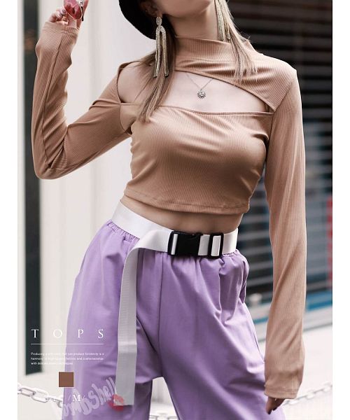 ボムシェル bombshell 半袖カットソー カットソー 長袖 カッティング ボトルネック カットアウト へそ出し お腹出し ショート丈 インポート ストリートファッション Bbomb