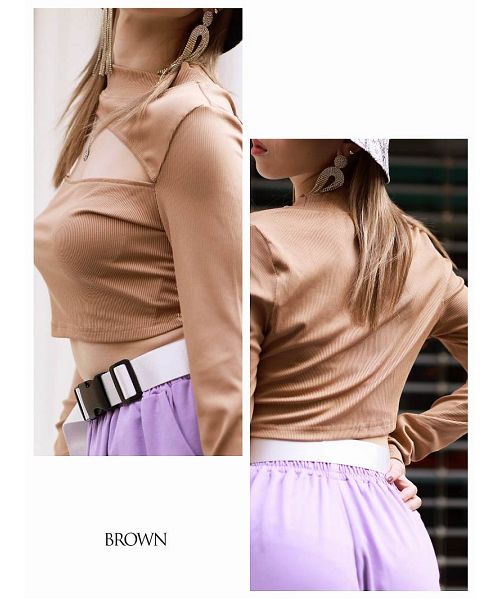 ボムシェル bombshell 半袖カットソー カットソー 長袖 カッティング ボトルネック カットアウト へそ出し お腹出し ショート丈 インポート ストリートファッション Bbomb