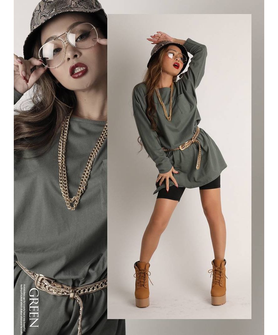 ボムシェル bombshell 長袖Tシャツ ビッグサイズ 長袖トップス ポケット付き カットソー ダンサー ヒップホップ B系 ストリート ダンス オーバーサイズ Bbomb