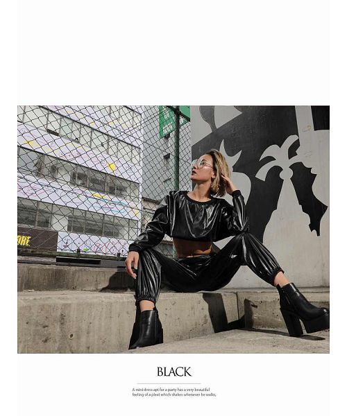 ボムシェル bombshell パーカー・トレーナー フェイクレザー ショート丈 トレーナー パーカー 黒 かっこいい ダンス衣装 ダンサー トップス 長袖 bombshell