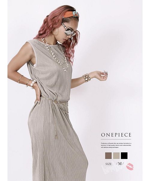 ボムシェル bombshell ワンピース マキシ丈 プリーツ ノースリーブ ワンピース 無地 ロング ワンカラー サテン おしゃれ 体型カバー Bbomb