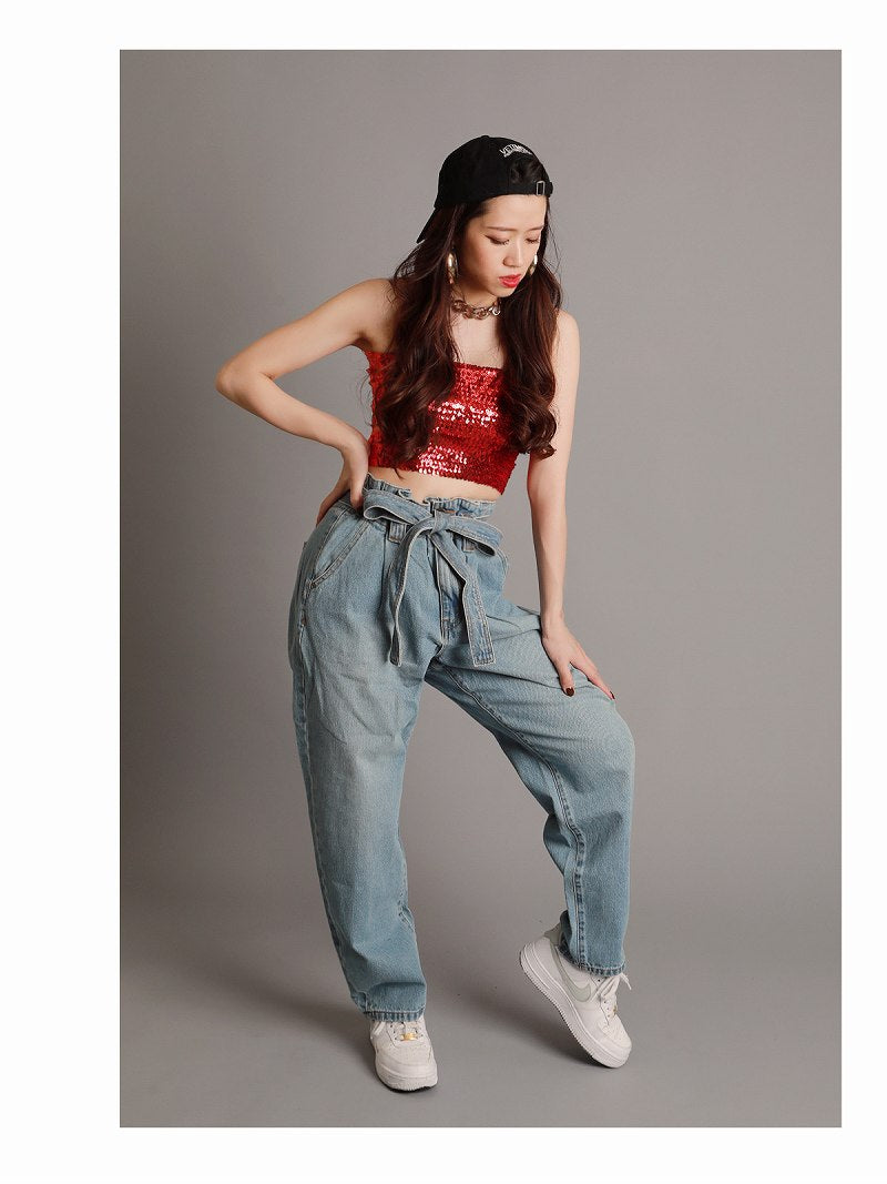 ボムシェル bombshell パンツ・サルエルパンツ デニムパンツ ボーイフレンドデニム ハイウエスト ロングパンツ リボンベルト ゆったり カジュアル 衣装 レディース ダンス Bbomb