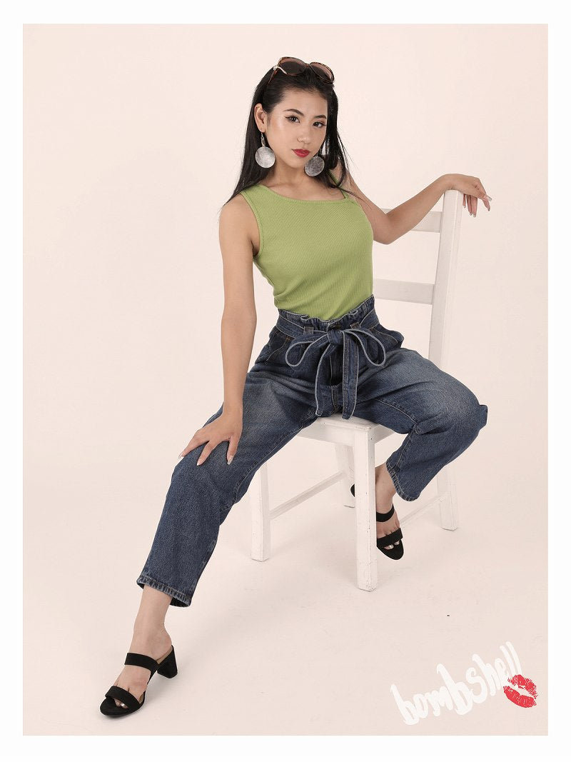 ボムシェル bombshell パンツ・サルエルパンツ デニムパンツ ボーイフレンドデニム ハイウエスト ロングパンツ リボンベルト ゆったり カジュアル 衣装 レディース ダンス Bbomb (ダークブルー) ダークブルー