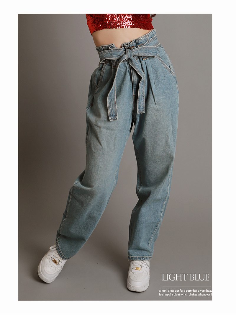 ボムシェル bombshell パンツ・サルエルパンツ デニムパンツ ボーイフレンドデニム ハイウエスト ロングパンツ リボンベルト ゆったり カジュアル 衣装 レディース ダンス Bbomb (ライトブルー) ダークブルー