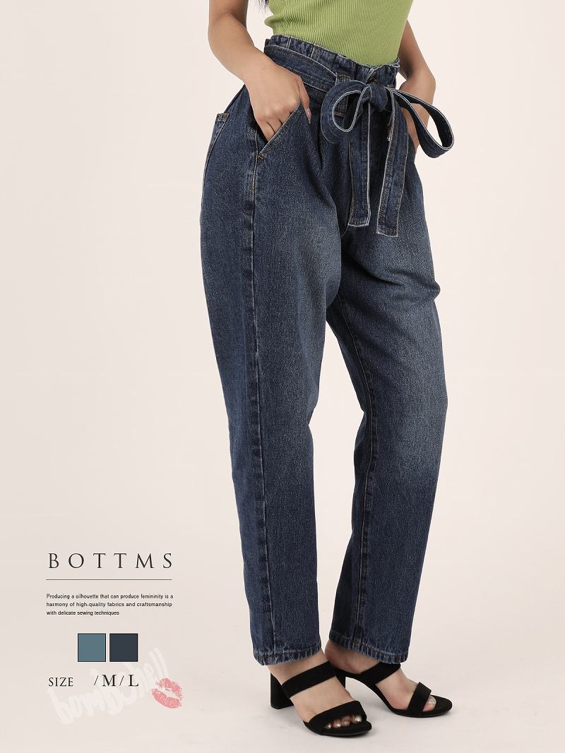 ボムシェル bombshell パンツ・サルエルパンツ デニムパンツ ボーイフレンドデニム ハイウエスト ロングパンツ リボンベルト ゆったり カジュアル 衣装 レディース ダンス Bbomb
