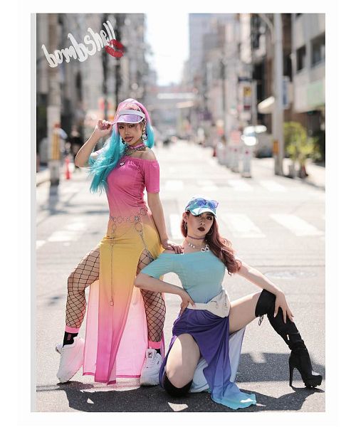 ボムシェル bombshell ワンピース ネオンカラーワンピース ワンピース マキシ丈 ロングワンピース 袖付き スリット 派手 ダンス衣装 コスチューム レディース Bbomb