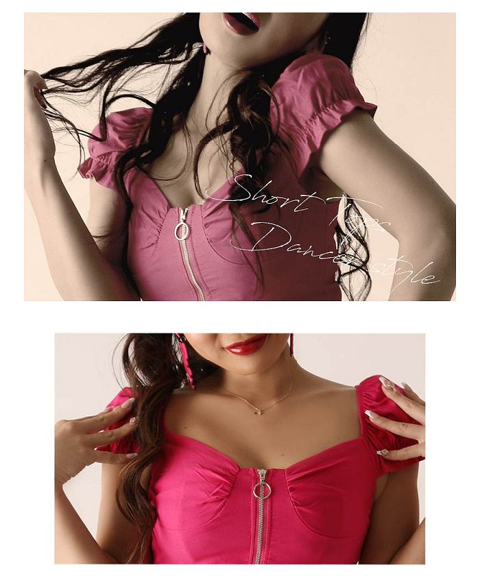 ボムシェル bombshell 半袖カットソー ヘソ出し ビビットカラー 海外 スクエアネック ショート フリル ジップ クロップ カットソー セクシー Bbomb (ホワイト) ホワイト