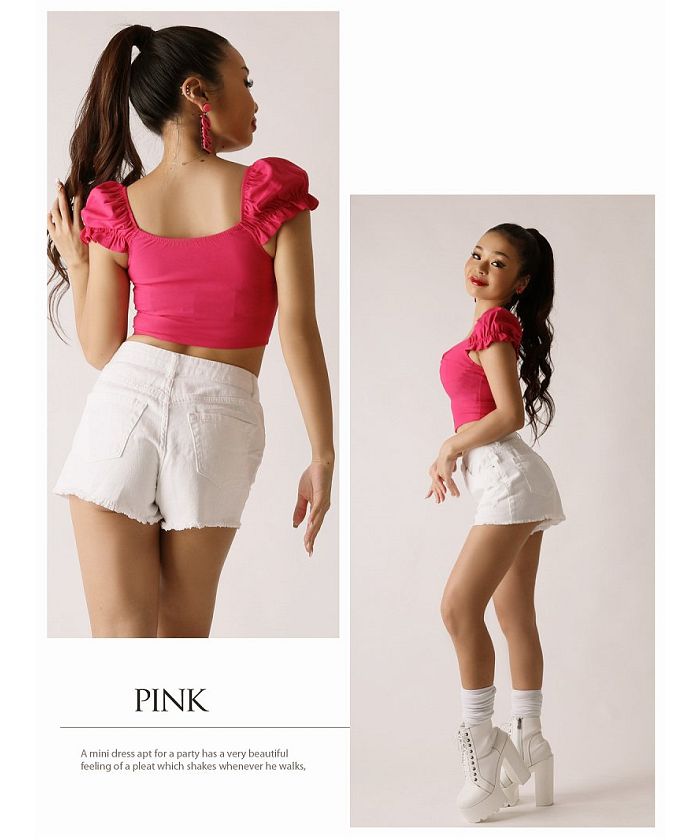 ボムシェル bombshell 半袖カットソー ヘソ出し ビビットカラー 海外 スクエアネック ショート フリル ジップ クロップ カットソー セクシー Bbomb (ホワイト) ホワイト