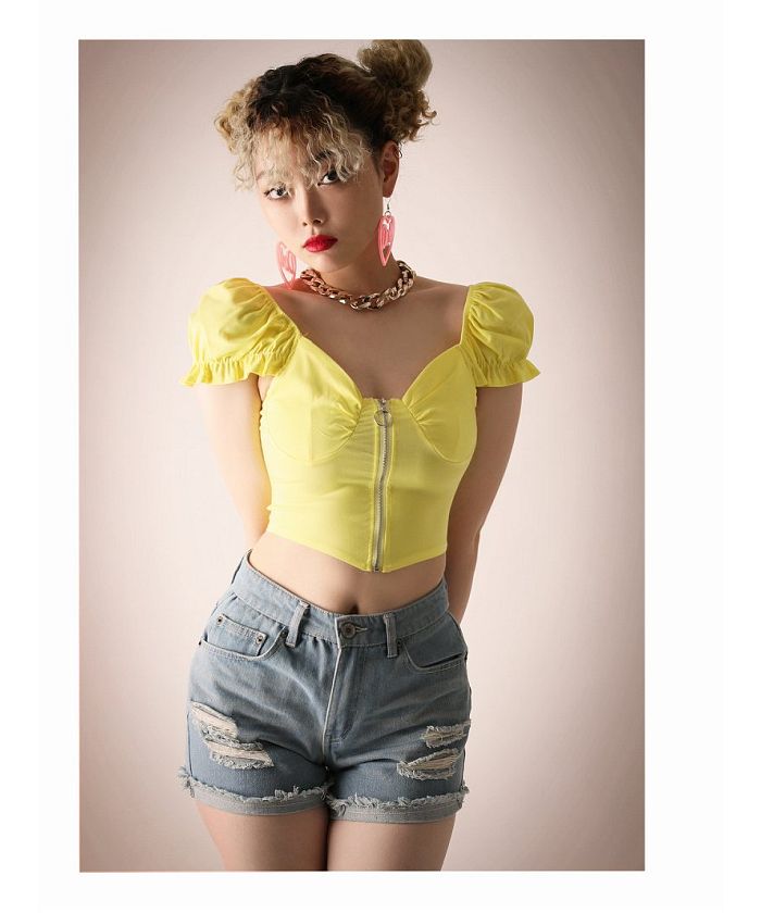 ボムシェル bombshell 半袖カットソー ヘソ出し ビビットカラー 海外 スクエアネック ショート フリル ジップ クロップ カットソー セクシー Bbomb (ホワイト) ホワイト