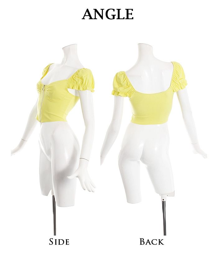 ボムシェル bombshell 半袖カットソー ヘソ出し ビビットカラー 海外 スクエアネック ショート フリル ジップ クロップ カットソー セクシー Bbomb (ホワイト) ホワイト