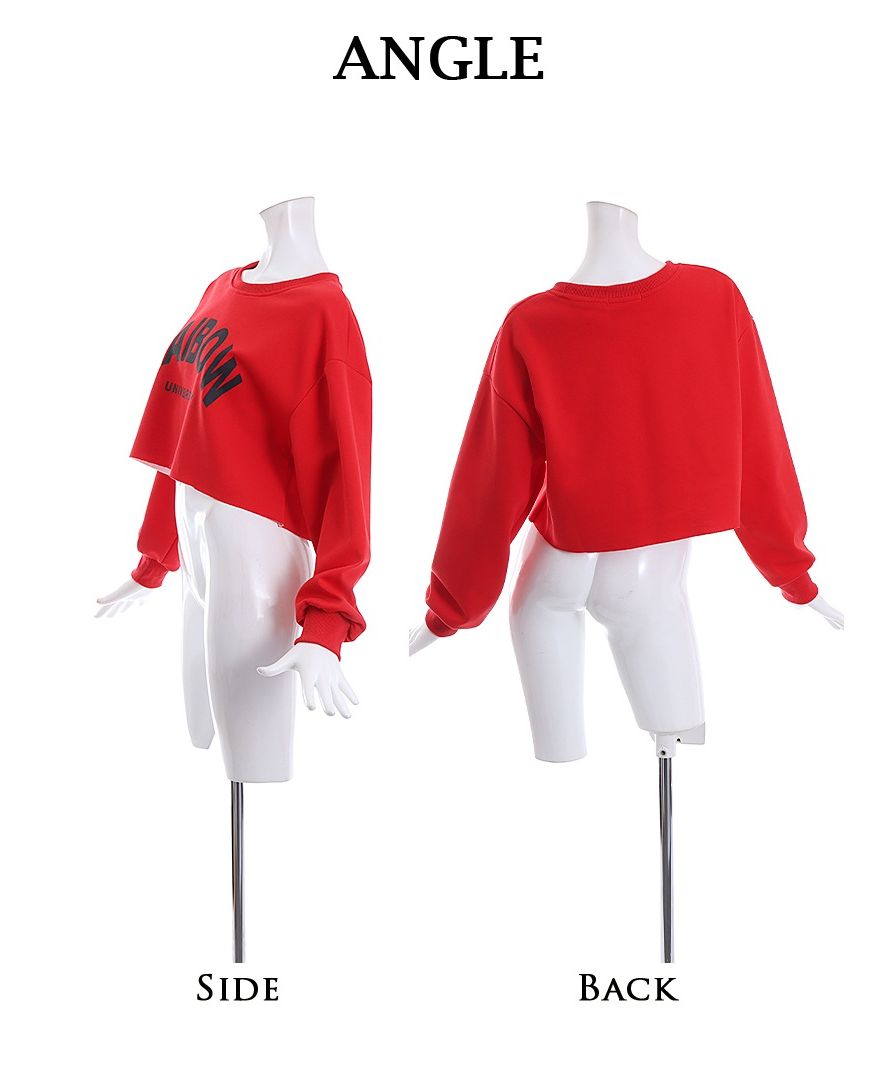 パーカー・トレーナー ショート丈 ロゴ ボリューム袖 トレーナー 切りっぱなし 長袖 へそ出し ダボダボ スウェット ストリートファッション Bbomb レッド