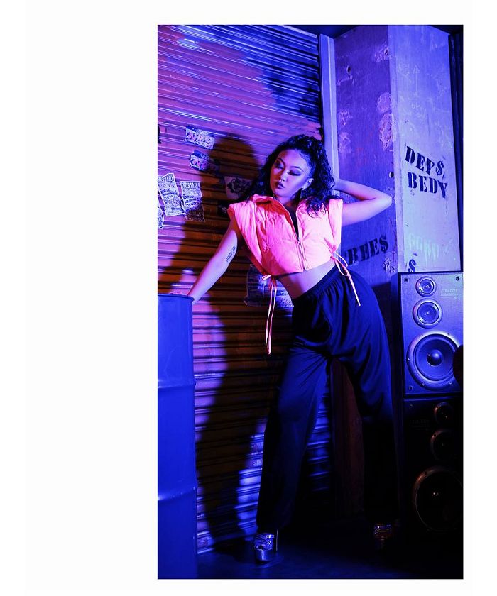 ボムシェル bombshell アウター アウター ダウンベスト 中綿 ネオンカラー ショート ボリューム ガールズ HIPHOP フード付き オープンサイド bombshell (ピンク) ピンク