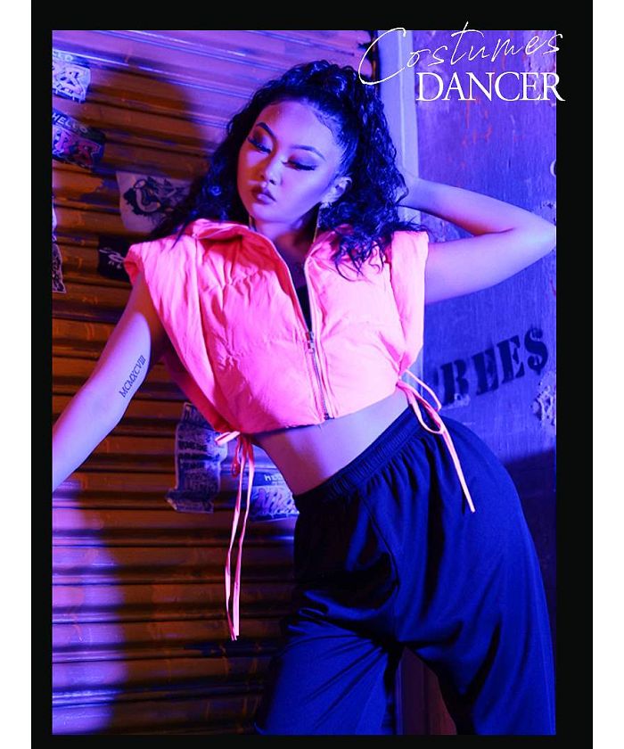 ボムシェル bombshell アウター アウター ダウンベスト 中綿 ネオンカラー ショート ボリューム ガールズ HIPHOP フード付き オープンサイド bombshell (ピンク) ピンク