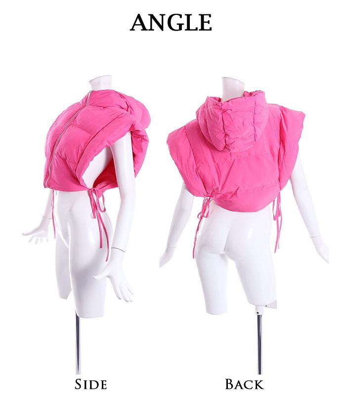 ボムシェル bombshell アウター アウター ダウンベスト 中綿 ネオンカラー ショート ボリューム ガールズ HIPHOP フード付き オープンサイド bombshell (ピンク) ピンク