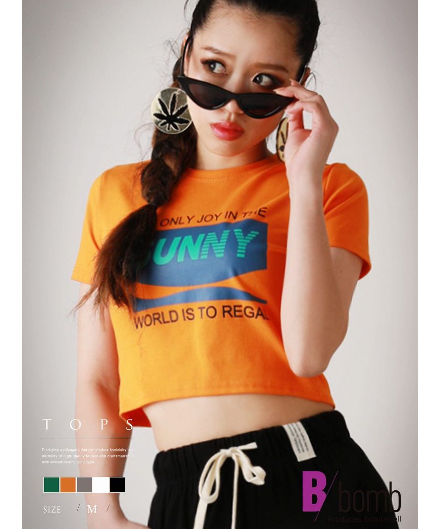 ボムシェル bombshell 半袖Tシャツ Tシャツ 半袖 ミニT トップス カットソー ショート丈 ヘソ出し 原色カラー 韓国ファッション ラウンドネック Bbomb