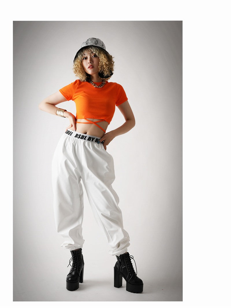 ボムシェル bombshell 半袖カットソー ショート 韓国 ヘソ出し 半袖 ワンカラー バックリボン ネオンカラー Tシャツ ラウンドネック ウエストクロス Bbomb