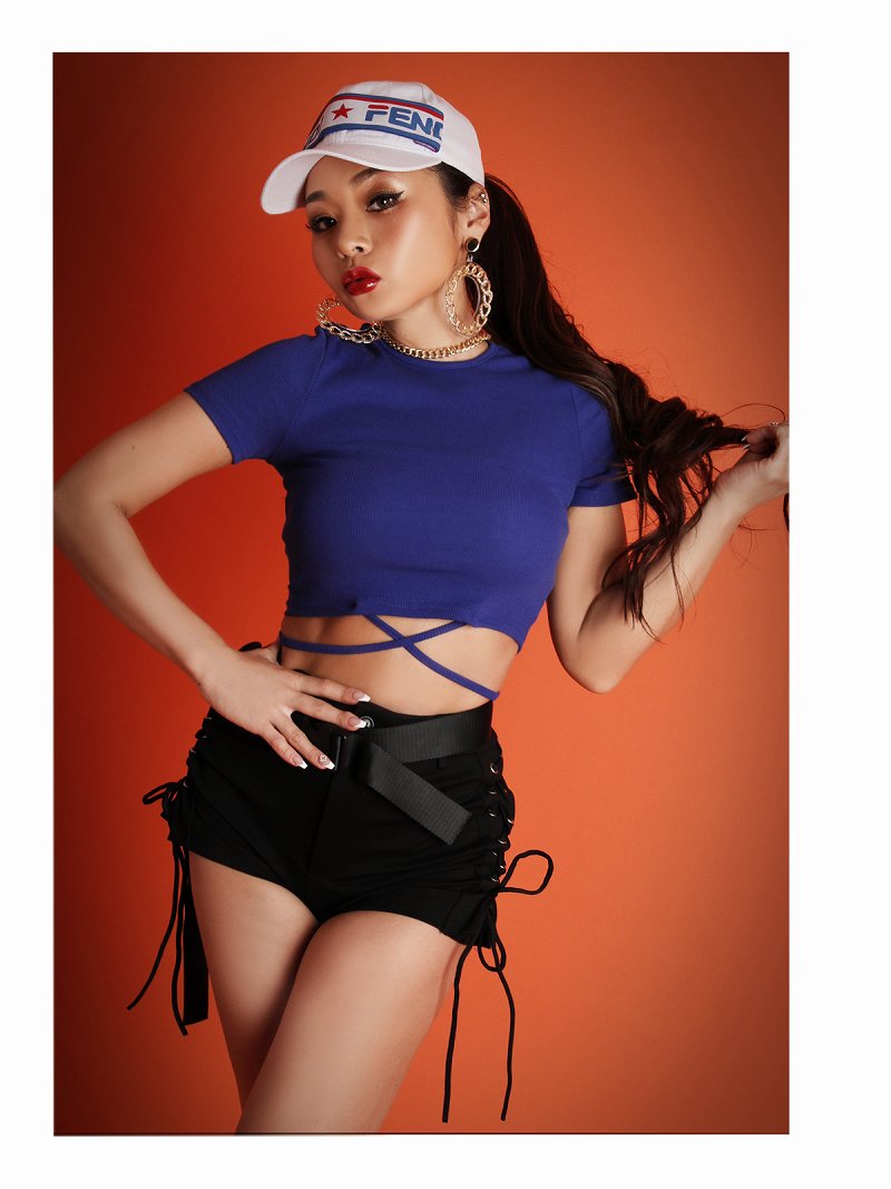 ボムシェル bombshell 半袖カットソー ショート 韓国 ヘソ出し 半袖 ワンカラー バックリボン ネオンカラー Tシャツ ラウンドネック ウエストクロス Bbomb