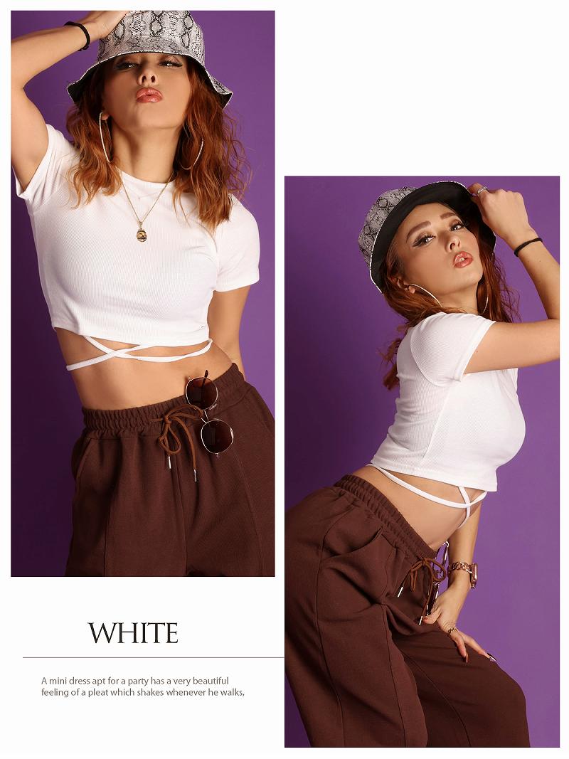 ボムシェル bombshell 半袖カットソー ショート 韓国 ヘソ出し 半袖 ワンカラー バックリボン ネオンカラー Tシャツ ラウンドネック ウエストクロス Bbomb