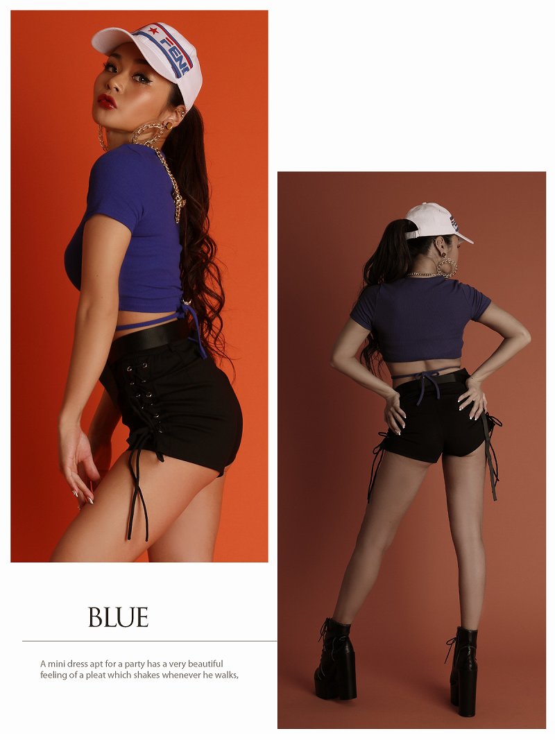 ボムシェル bombshell 半袖カットソー ショート 韓国 ヘソ出し 半袖 ワンカラー バックリボン ネオンカラー Tシャツ ラウンドネック ウエストクロス Bbomb