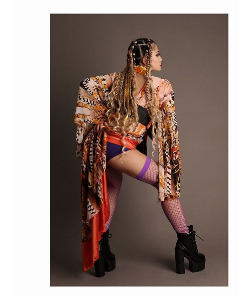 ボムシェル bombshell 和装 和柄 着物衣装 ヒョウ柄 スカーフ柄 レオパード サテン ゼブラ ステージ衣装 ダンス衣装 コスチューム bombshell