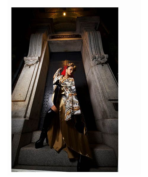 ボムシェル bombshell 和装 和柄 着物ドレス ヒョウ柄 スカーフ柄 レオパード サテン よさこい ステージ衣装 ダンス衣装 コスチューム bombshell