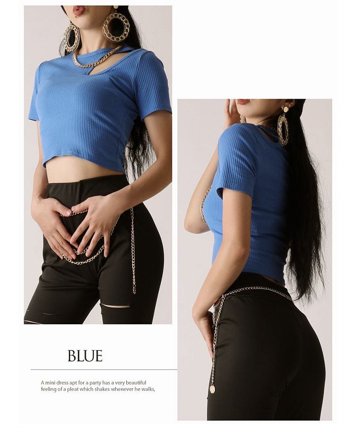 ボムシェル bombshell 半袖Tシャツ Tシャツ カットソー トップス 個性派 アシンメトリー クルーネック 半袖 ショート丈 韓国ファッション セクシー Bbomb