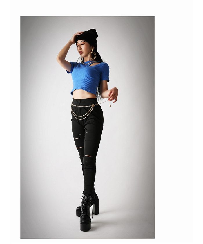 ボムシェル bombshell 半袖Tシャツ Tシャツ カットソー トップス 個性派 アシンメトリー クルーネック 半袖 ショート丈 韓国ファッション セクシー Bbomb