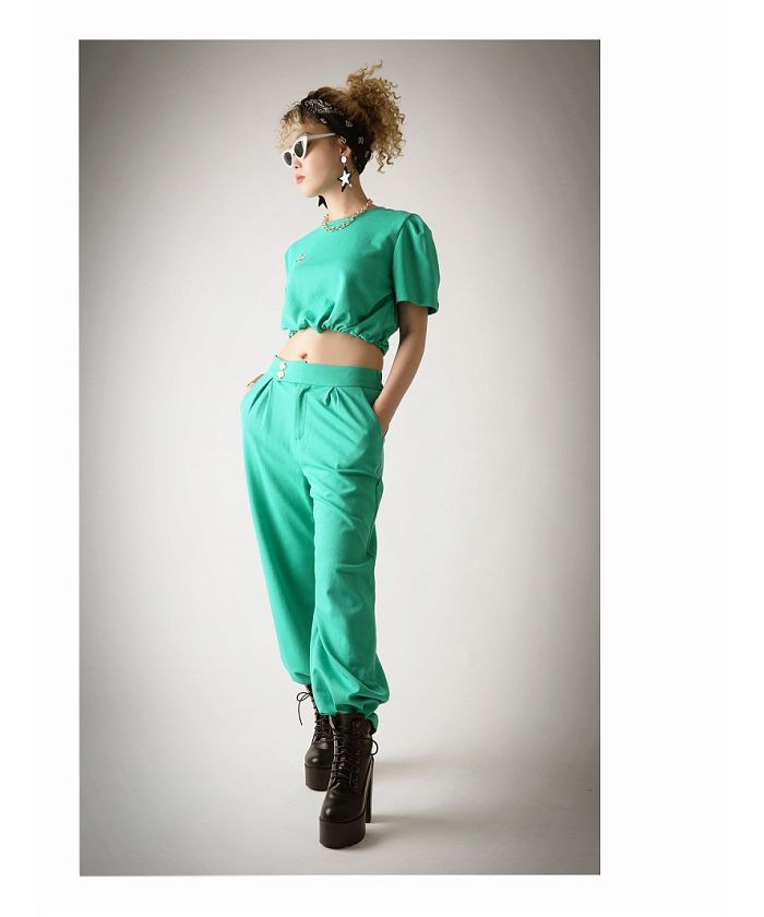 ボムシェル bombshell セットアップ セットアップ ショート ヘソ出し 半袖 ロゴ ワイドパンツ ドロスト ポケット ウエストゴム チャック Bbomb (グリーン) グリーン