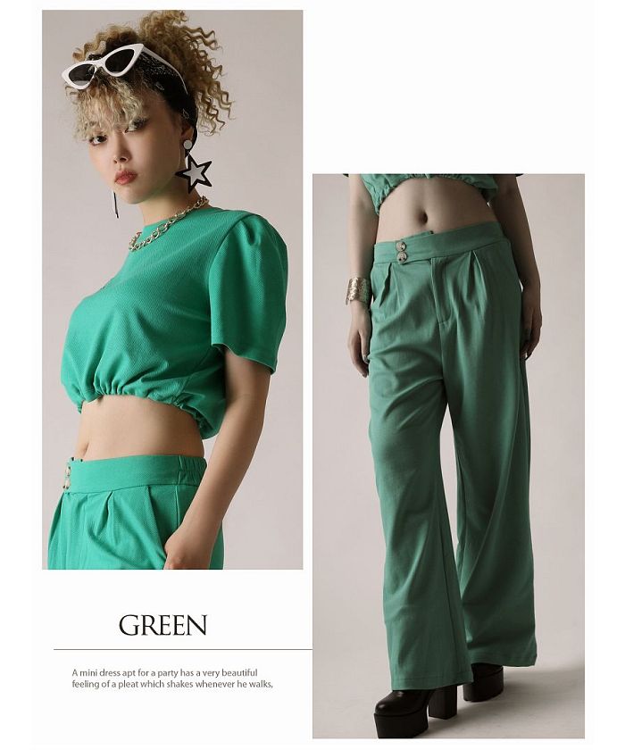 ボムシェル bombshell セットアップ セットアップ ショート ヘソ出し 半袖 ロゴ ワイドパンツ ドロスト ポケット ウエストゴム チャック Bbomb