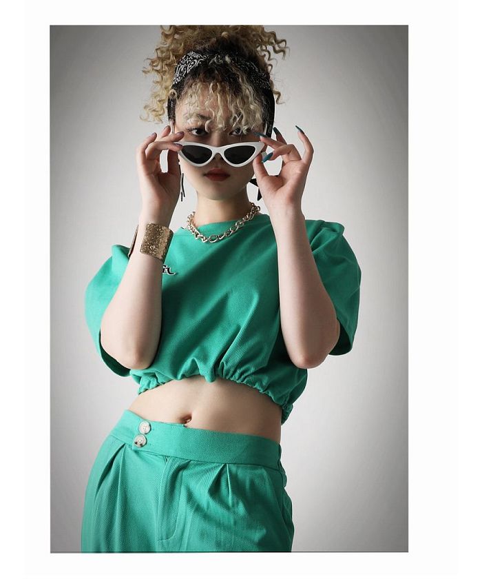 ボムシェル bombshell セットアップ セットアップ ショート ヘソ出し 半袖 ロゴ ワイドパンツ ドロスト ポケット ウエストゴム チャック Bbomb (グリーン) グリーン