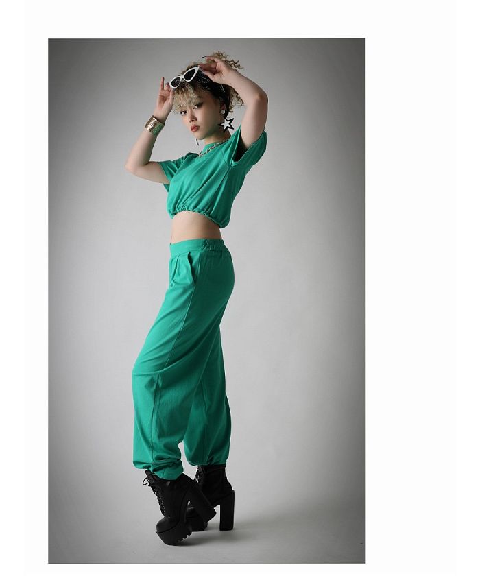 ボムシェル bombshell セットアップ セットアップ ショート ヘソ出し 半袖 ロゴ ワイドパンツ ドロスト ポケット ウエストゴム チャック Bbomb (グリーン) グリーン