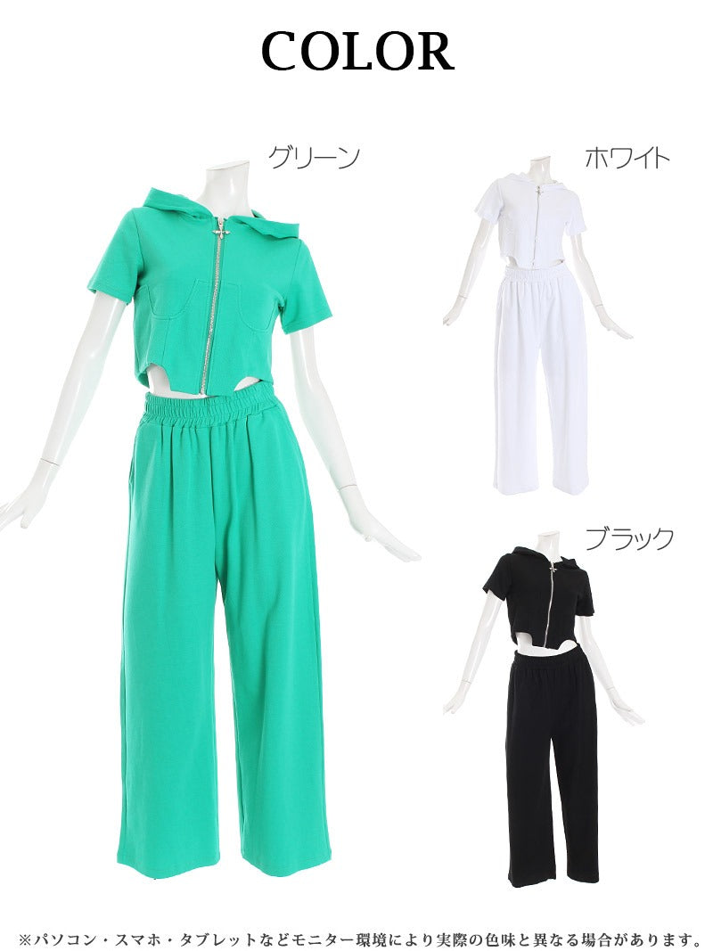 ボムシェル bombshell セットアップ セットアップ 半袖 サイドカット ジップ ミニ トップス ワイドパンツ フード ポケット インポート Bbomb