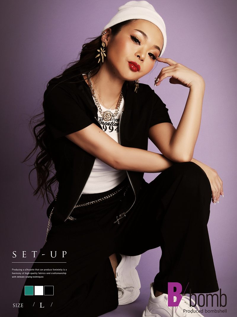 ボムシェル bombshell セットアップ セットアップ 半袖 サイドカット ジップ ミニ トップス ワイドパンツ フード ポケット インポート Bbomb