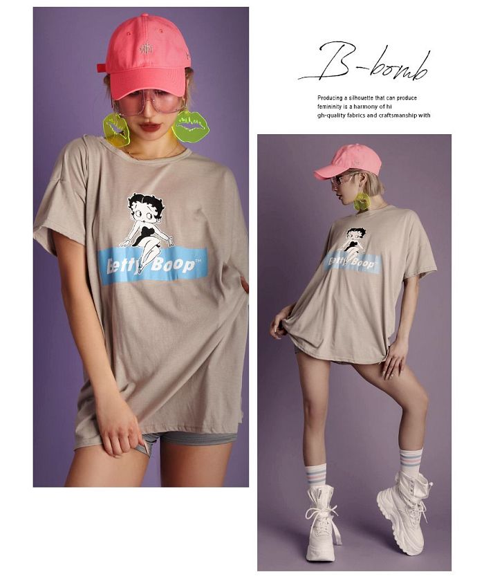 ボムシェル bombshell 半袖Tシャツ オーバサイズ ベティちゃん ドロップショルダー Tシャツ サイドスリット ボックスロゴ ラウンドネック 練習着 メンズライク Bbomb