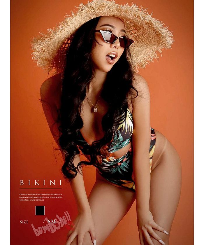 ボムシェル bombshell クラブダンサービキニ ボタニカル柄 谷間見せ ハイウエスト モノキニ水着 カットアウト インポート ダンス衣装 ハイレグショーツ リゾート 海外ガール bomb【返品不可商品】