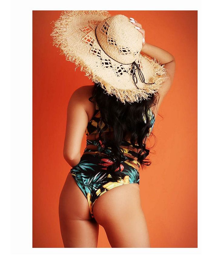 ボムシェル bombshell クラブダンサービキニ ボタニカル柄 谷間見せ ハイウエスト モノキニ水着 カットアウト インポート ダンス衣装 ハイレグショーツ リゾート 海外ガール bomb【返品不可商品】