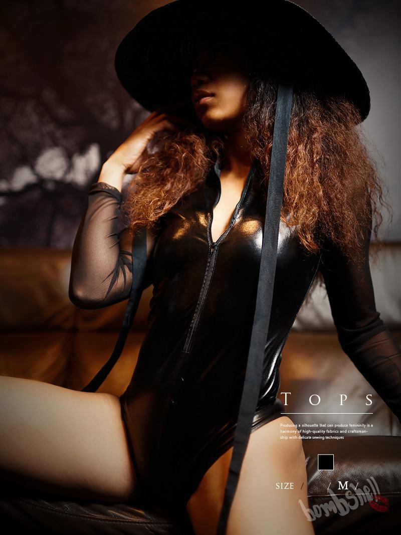 ボムシェル bombshell レオタード フェイクレザー シースルー ジッパー ボディスーツ タイト インポート 黒 ワンカラー 長袖 ダンス衣装 bombshell