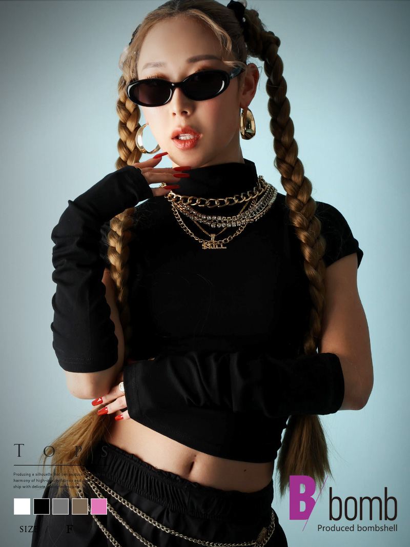 ボムシェル bombshell 長袖カットソー 無地 アームウォーマー付き バックカット 半袖 Tシャツ 背中見せ セクシー カットソー 無地インポート ちびT Bbomb
