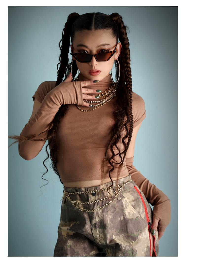 ボムシェル bombshell 長袖カットソー 無地 アームウォーマー付き バックカット 半袖 Tシャツ 背中見せ セクシー カットソー 無地インポート ちびT Bbomb