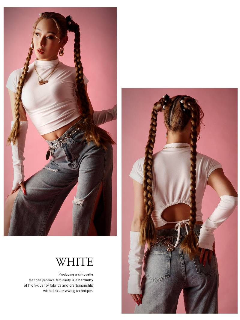 ボムシェル bombshell 長袖カットソー 無地 アームウォーマー付き バックカット 半袖 Tシャツ 背中見せ セクシー カットソー 無地インポート ちびT Bbomb