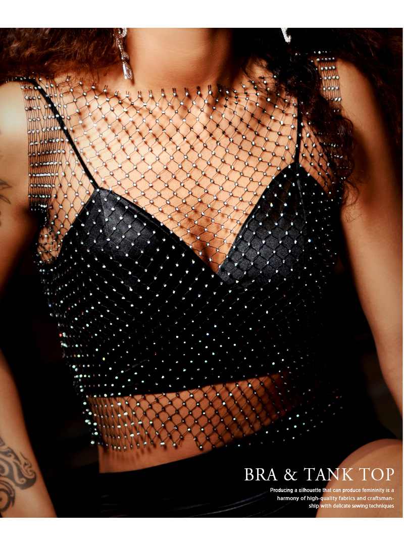 ボムシェル bombshell キャミソール・タンクトップ メッシュ カットソー ノースリーブ 2点セット ラインストーン インポート SEXY ダンス衣装 ダンサー シースルー bombsh