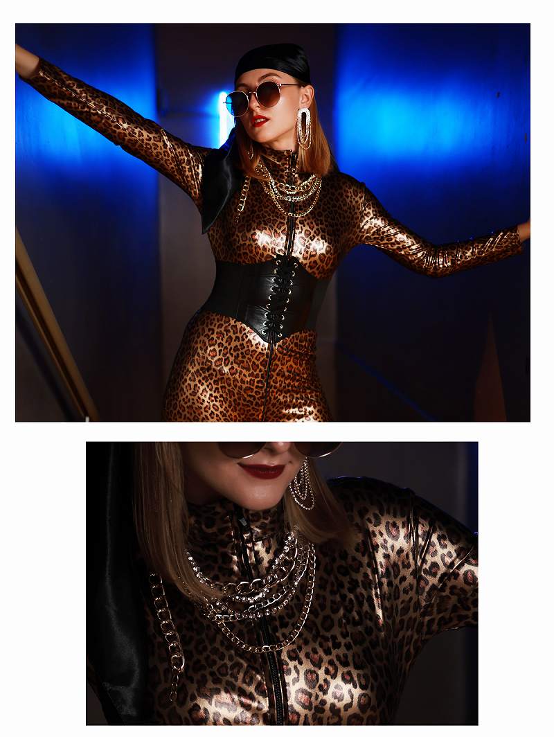 ボムシェル bombshell オールインワンサロペット レオパード 全身スーツ 仮装 コスチューム ハロウィン クール ダンス衣装 合皮 派手柄 猫 bombshell