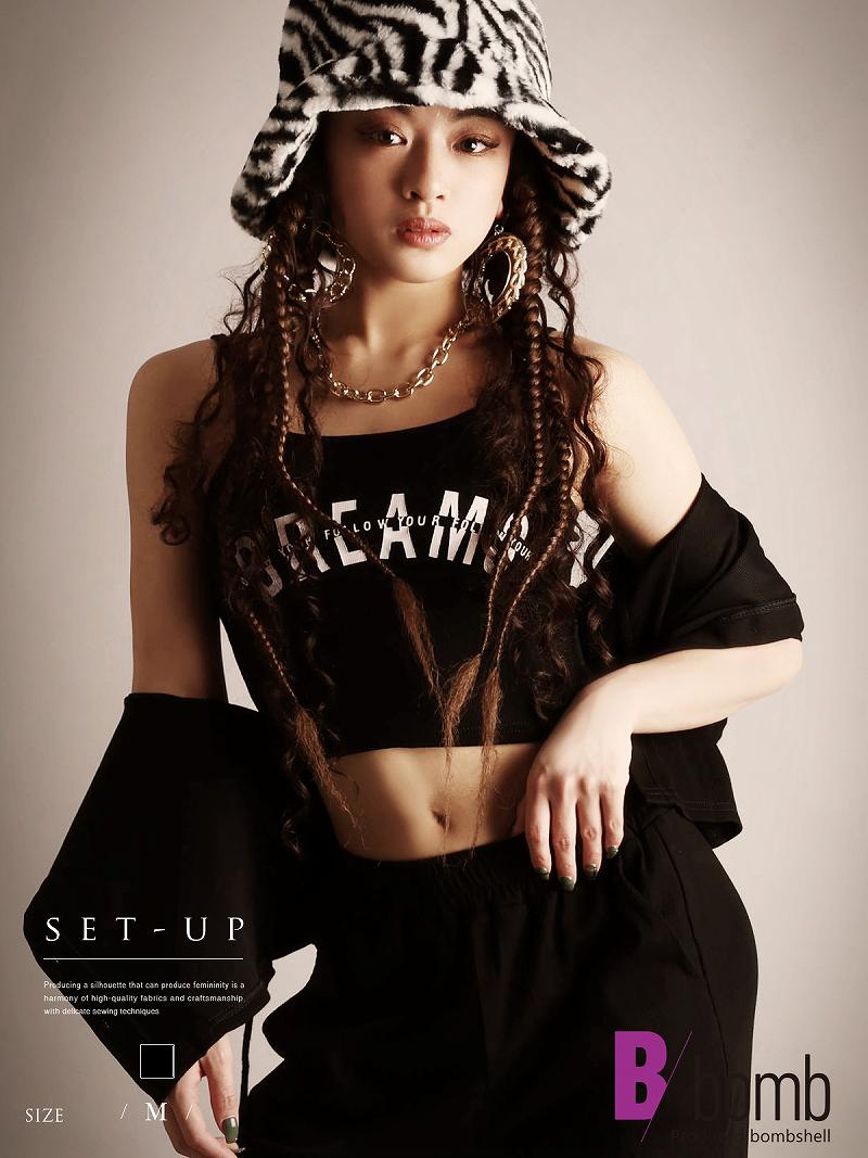 ボムシェル bombshell セットアップ セットアップ 3点セット キャミソール ワイドパンツ 半袖 フード付き 黒 ストレッチ ウエストゴム インナー付き Bbomb