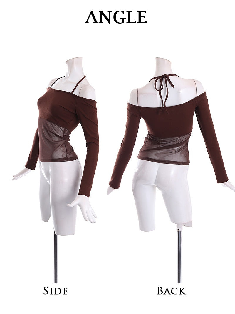 ボムシェル bombshell 長袖カットソー Y2K ギャルファッション 無地 メッシュトップス オフショル おしゃれTシャツ ホルターネック 平成ギャル GAL 長袖 Bbomb