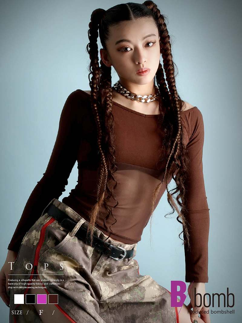 ボムシェル bombshell 長袖カットソー Y2K ギャルファッション 無地 メッシュトップス オフショル おしゃれTシャツ ホルターネック 平成ギャル GAL 長袖 Bbomb