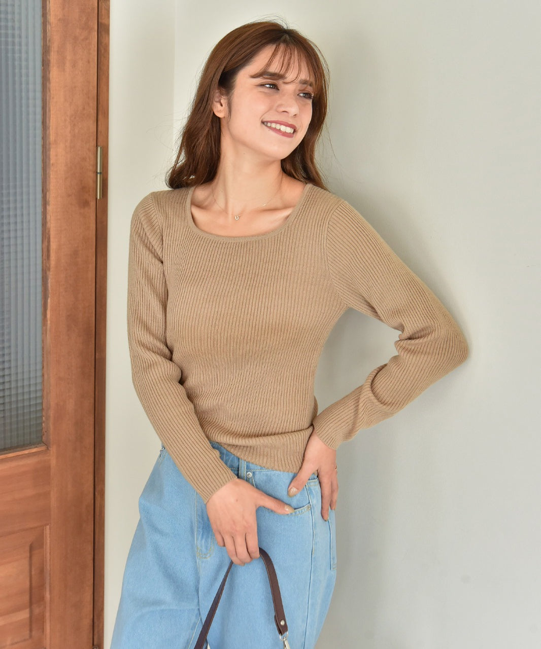 アドティエ ad thie スクエアーニット リブニット トップス レディース 薄手生地 シンプル 長袖 フェミニン カラバリ豊富 秋 冬 (ピンクパープル) ピンクパープル