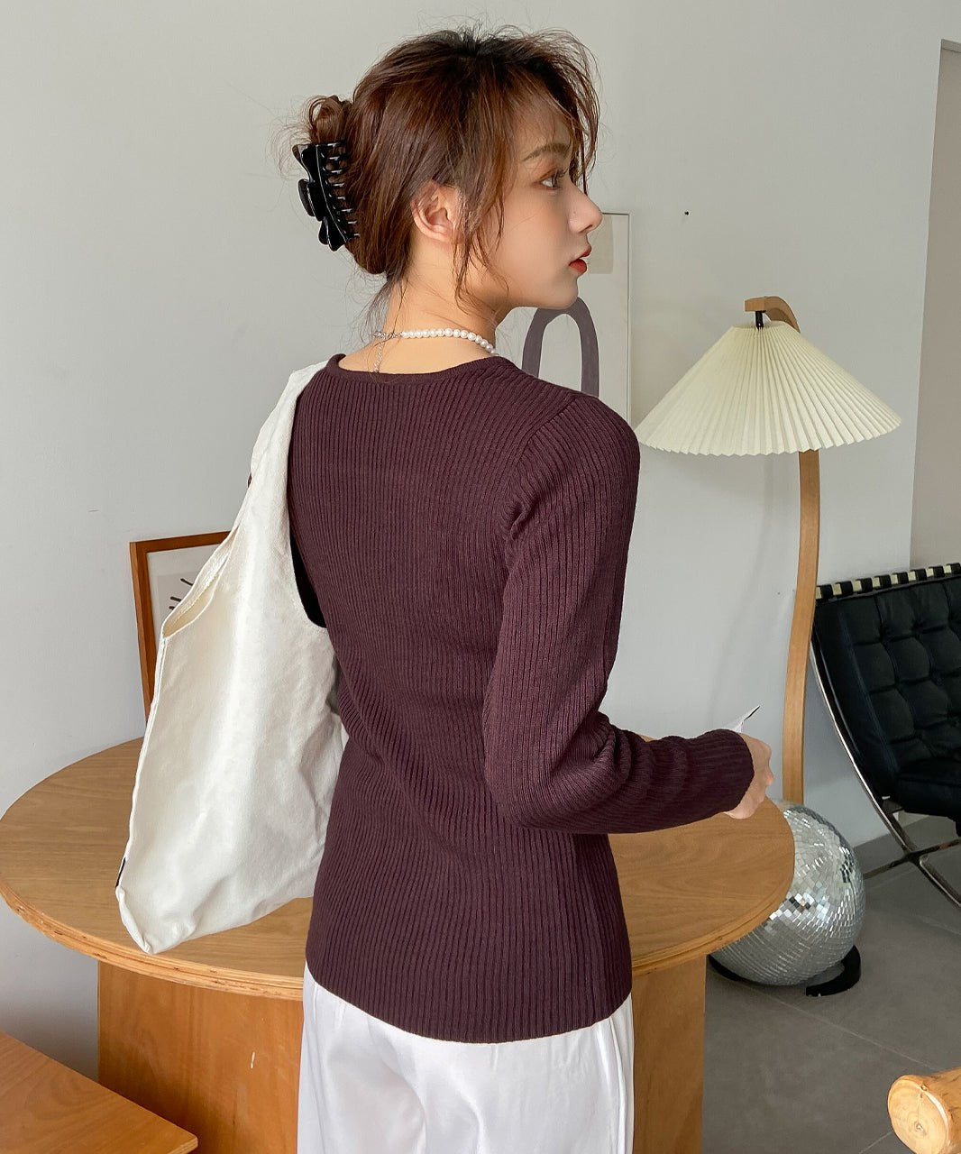 アドティエ ad thie スクエアーニット リブニット トップス レディース 薄手生地 シンプル 長袖 フェミニン カラバリ豊富 秋 冬 (ピンクパープル) ピンクパープル